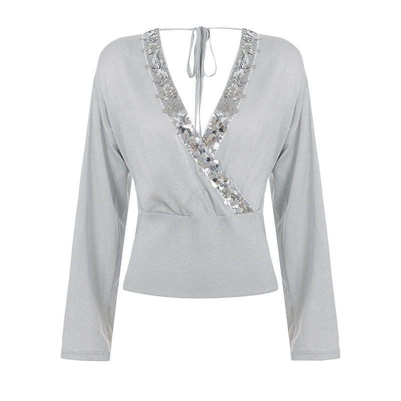 Sexy Street Deep V Plunge Long Sleeve T shirt Women Sequined Bare Back Lace up Fashionable Top