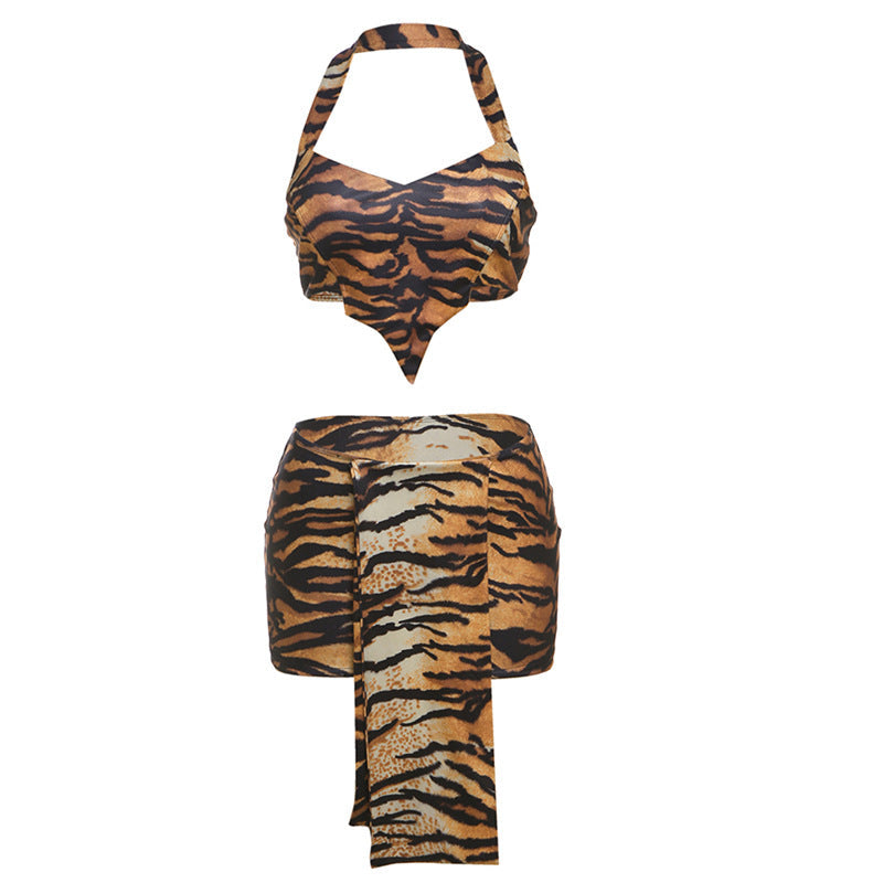 Spring Women Clothing Sexy Tiger Pattern Halter Cropped Tank Top Hip Skirt Two Piece Set for Women