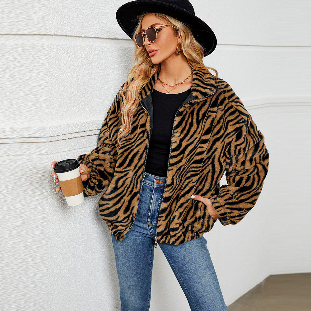 Zebra Pattern Plush Stand Collar Zipper Coat Faux Fur Coat Jacket