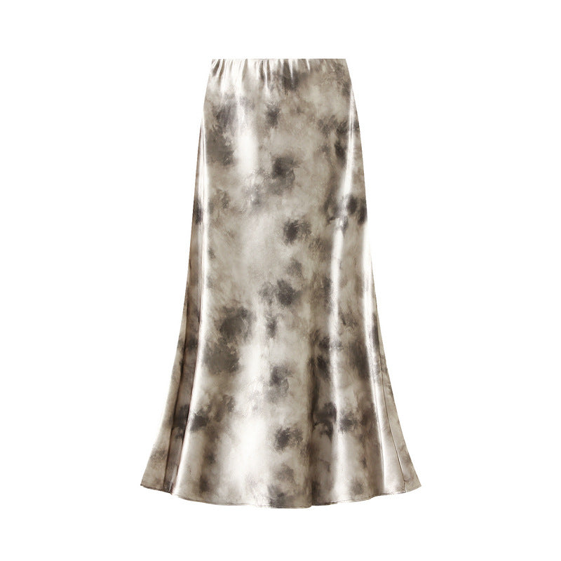Ink Satin Fishtail Skirt Spring High Waist Slimming Midi Dress