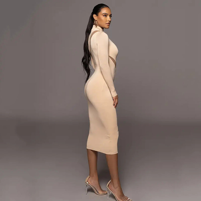 Spring round Neck Long Sleeve Stitching Dress Women Sexy Dress