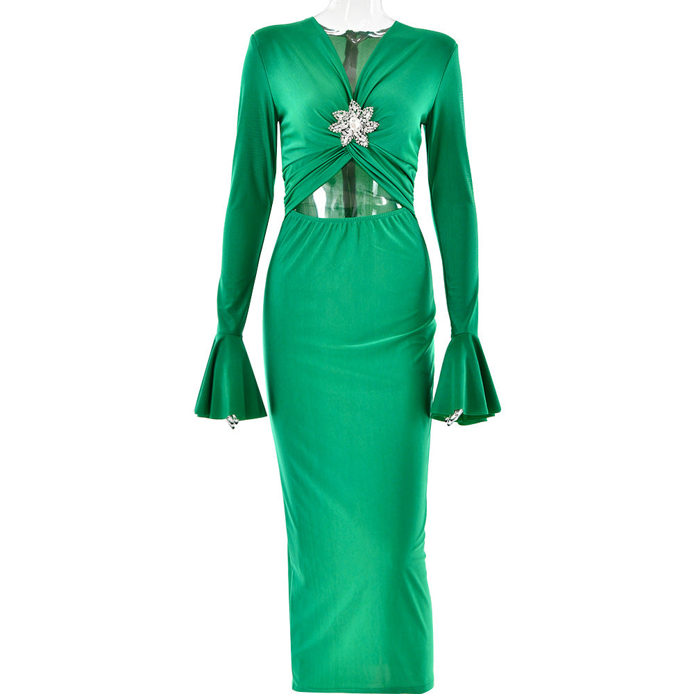 Spring Summer V Neck Bell Sleeve Dress Fashionable Elegant Sexy Sexy Tight Fishtail Dress