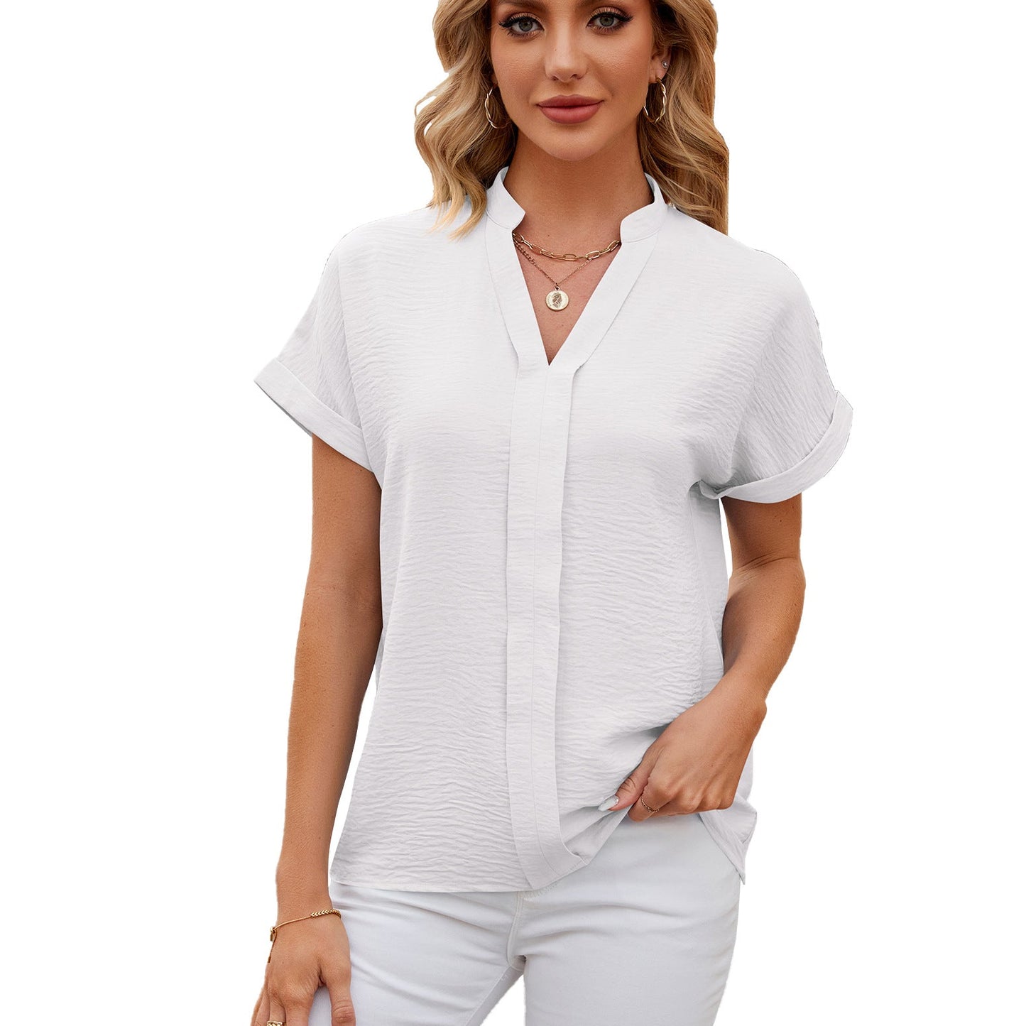 Spring Summer Solid Color V neck Short Sleeve Shirt Loose Casual Chiffon Shirt