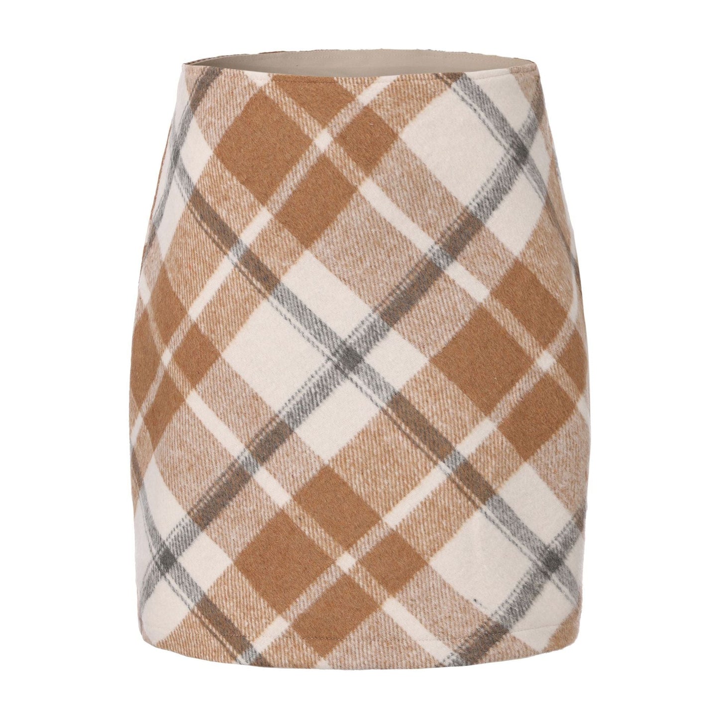 Women Clothing Autumn Winter Woolen Skirt Plaid High Waist Elastic Solid Color Zipper Skirt