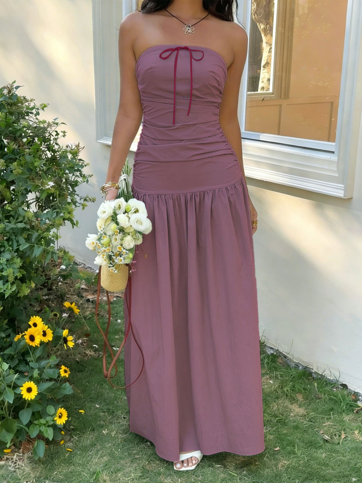 French Gentle Tube Top Dress Summer Waist Trimming Lace up Long Vacation Dress