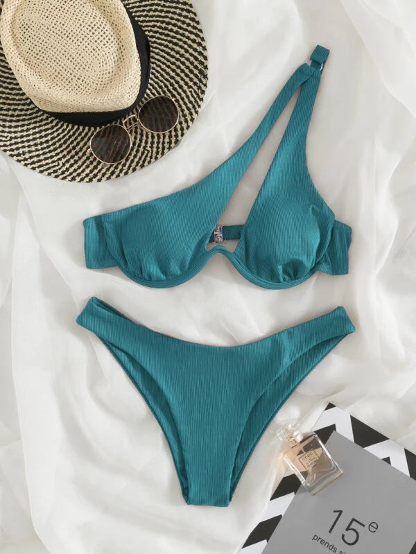 Sexy Women Seperated Swimwear Solid Color One Shoulder Underwire Bikini