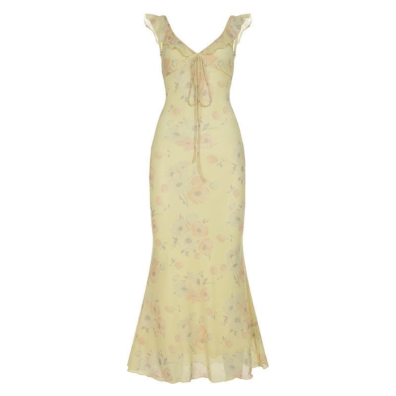 French Holiday Floral Strap Dress Ruffled Gentle Sexy Flying Sleeve Maxi Dress for Women