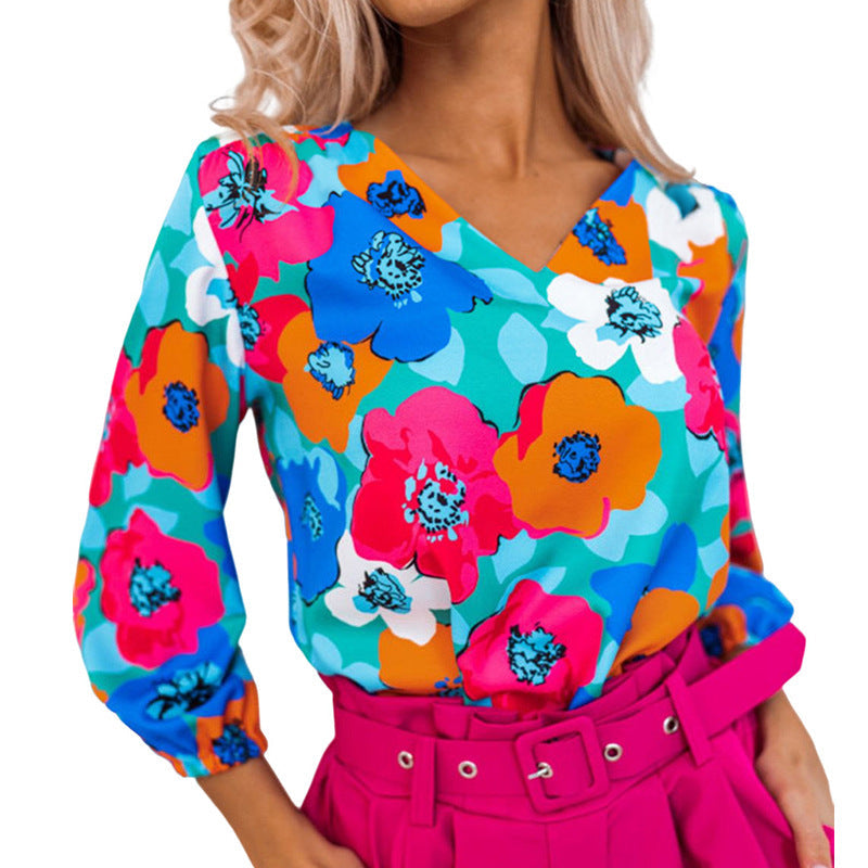 Simple V neck Chiffon Pullover Top for Women Spring Summer Three Quarter Sleeve Slimming Fashionable Chiffon Shirt