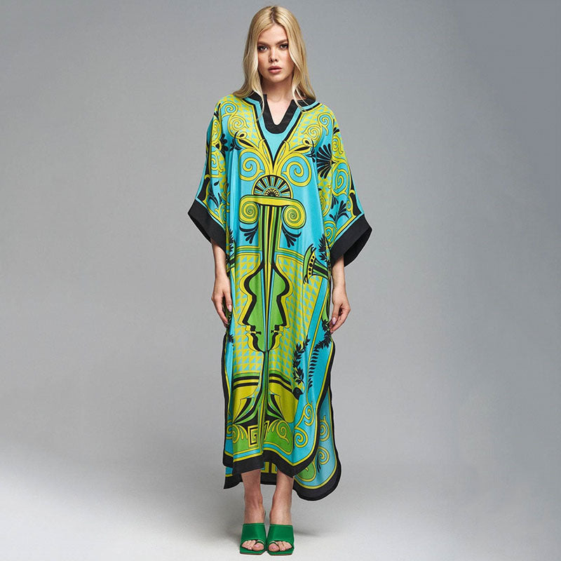Positioning Printing Ethnic Beach Cover up Loose Robe Sun Protection Shirt Beach Cover Up