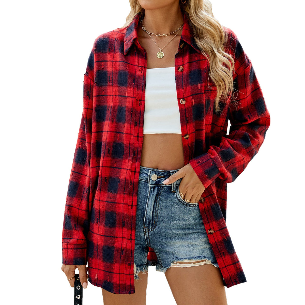 Autumn Winter Retro Crocheted Long Sleeve Loose Lapels Plaid Shirt Women