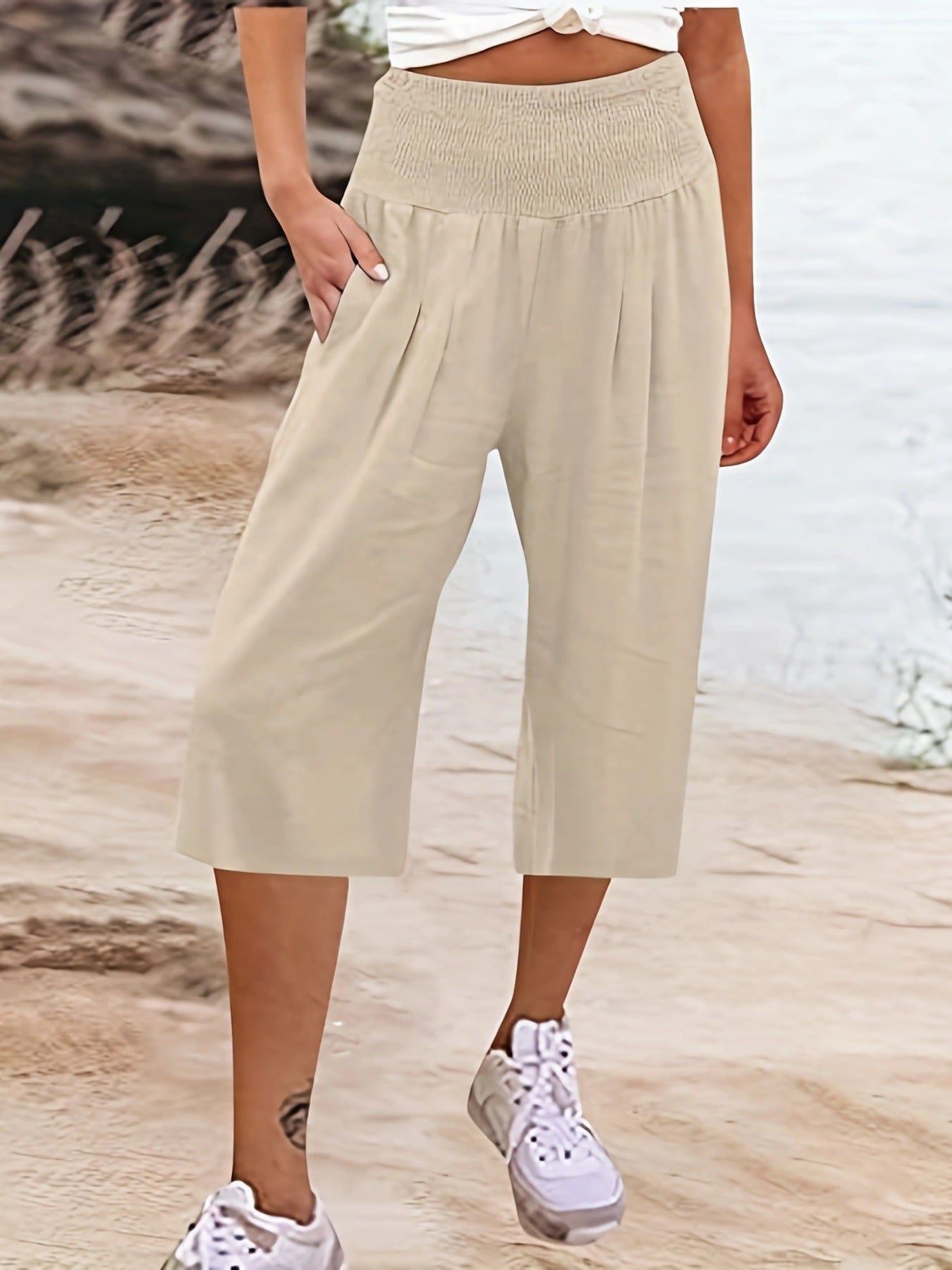 Summer Cotton Linen Capri Pants Smocking Thin Pocket Wide Leg Casual Pants Women
