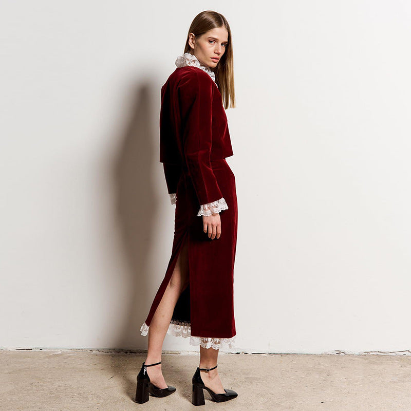 Fall Women Clothing French V neck Lace Stitching Long Sleeved Top Sheath Skirt Set