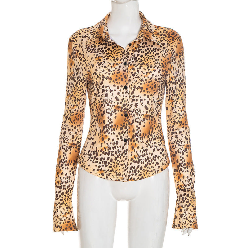 Women Clothing Autumn Winter Leopard Print Printing Collared Long Sleeve Button Slim Shirt Tops