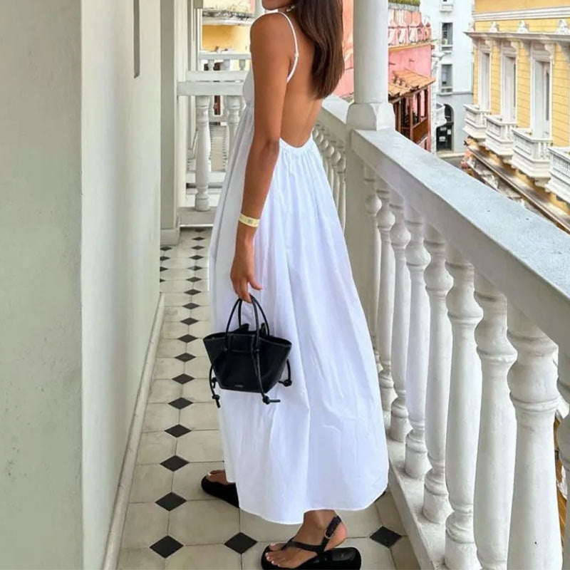 Spring Women Elegant Sexy Backless Sleeveless Solid Color V neck Suspender Skirt Large Swing Dress