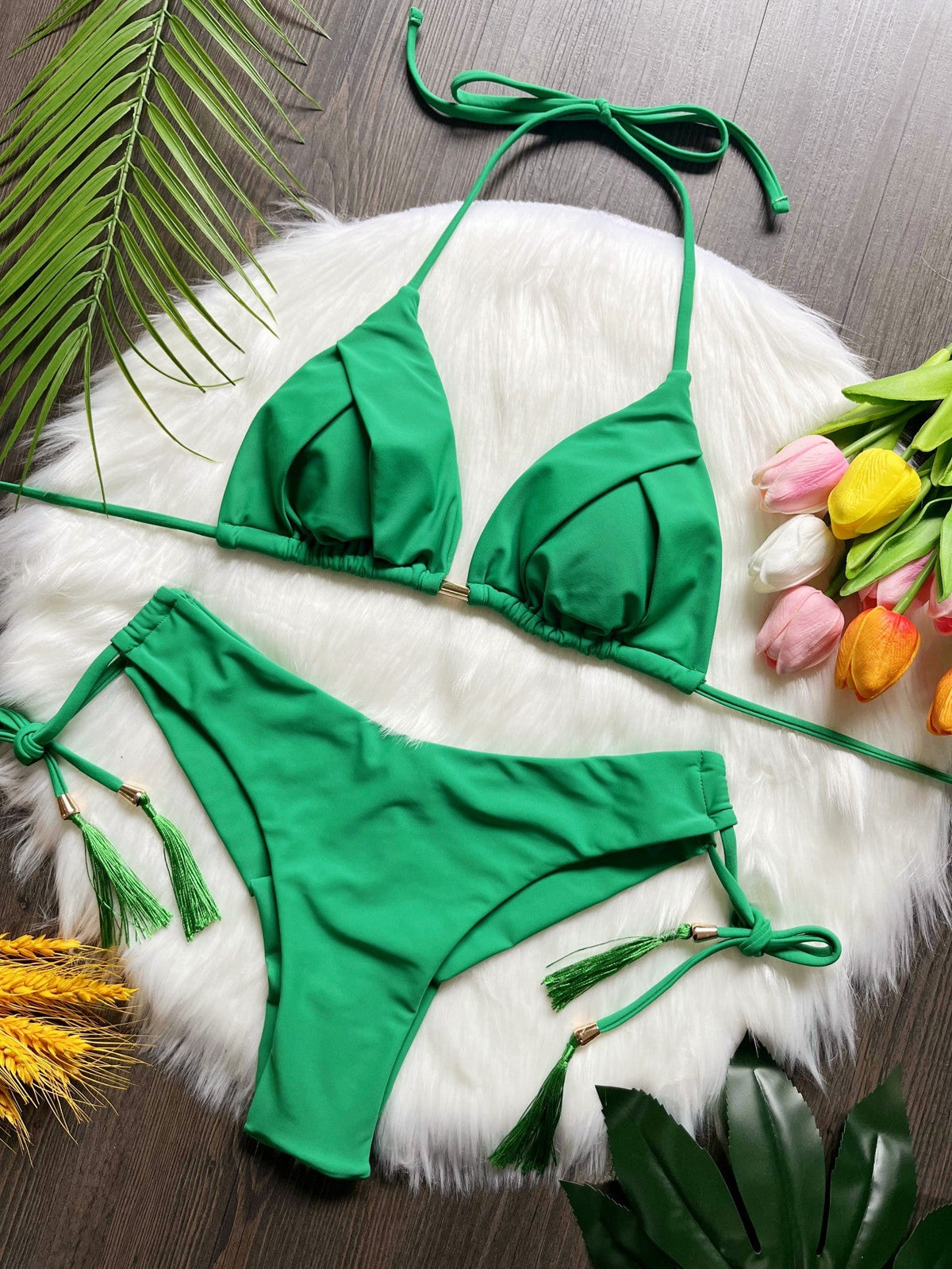 Tassel Solid Color Bikini Swimsuit Set Beach Sexy Women Swimsuit
