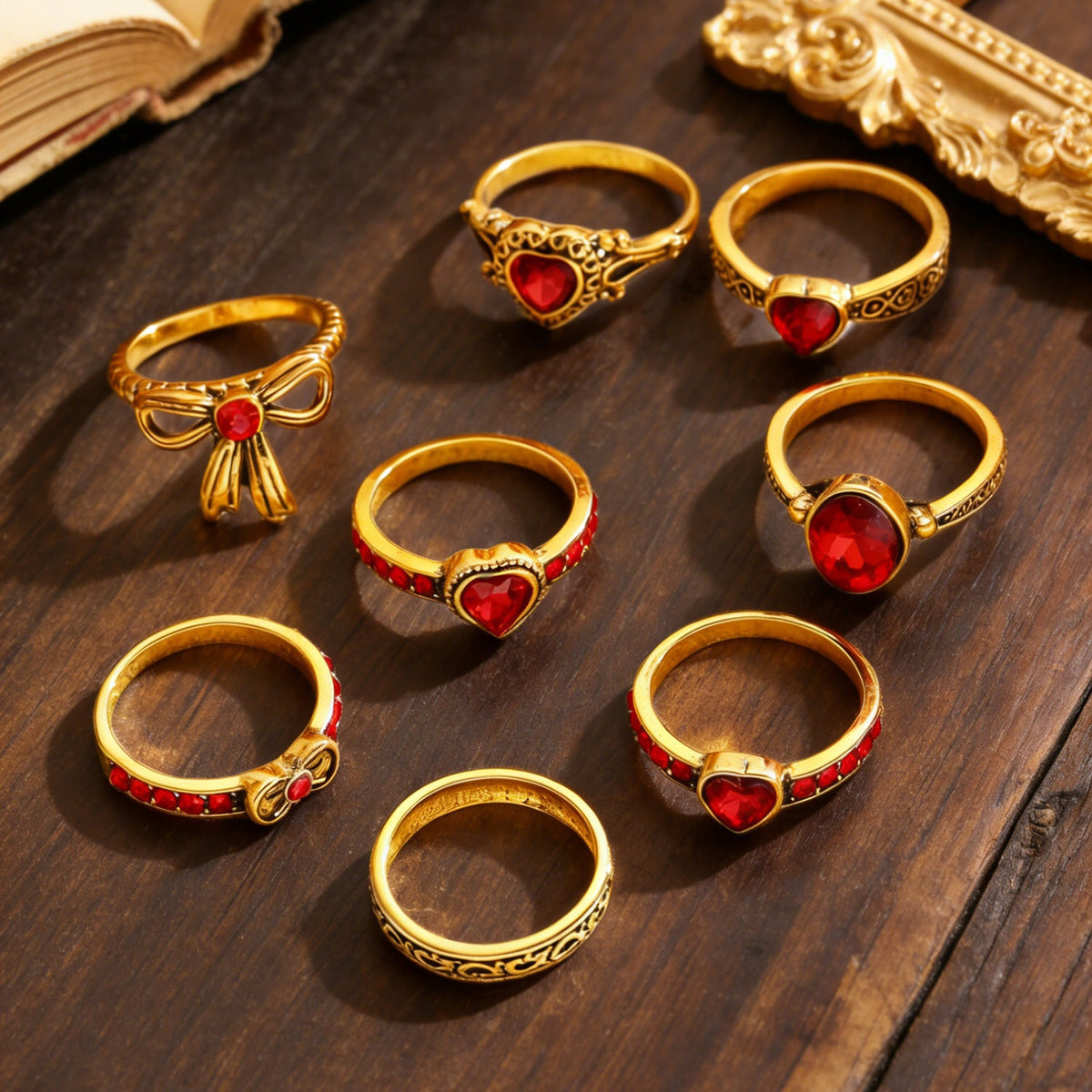 Art Vintage Palace Heart Geometric Red Zircon Bow Ring Women Luxury Band