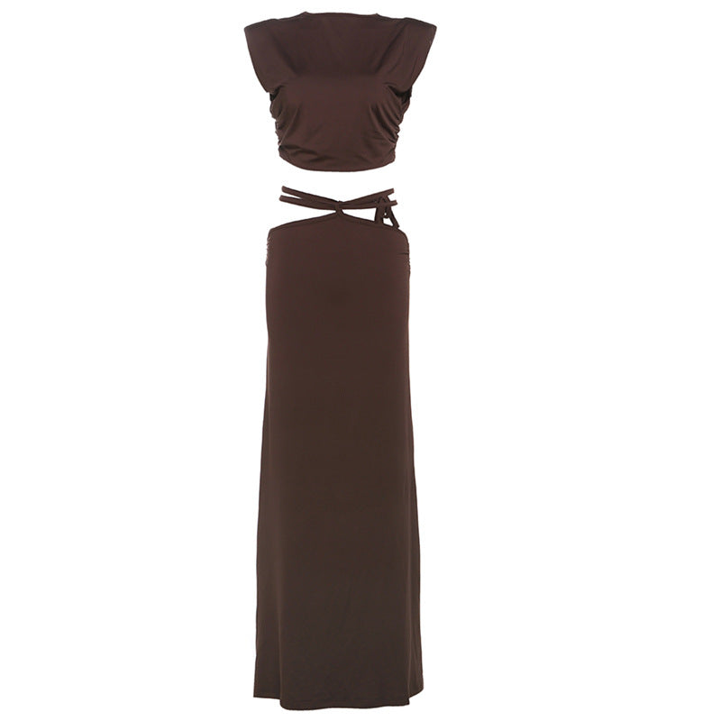 Autumn Winter Sexy Cropped Sleeveless Top Low Waist Solid Skirt Set