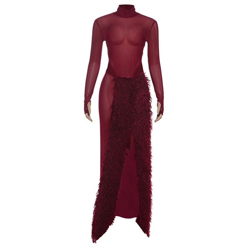 Autumn Winter Women Sexy Mesh Slim Fit Turtleneck See through Jumpsuit Split Skirt Set