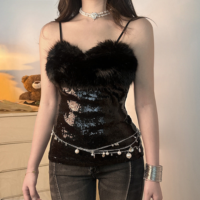 Sexy Sweet Spicy Tube Top Fur Stitching Sequin Sling Adjustable Shoulder Strap Vest Slim Fit Women