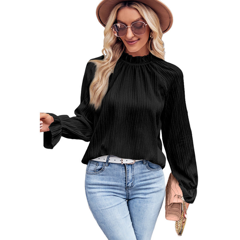 Autumn Stand Collar Chiffon Blouse Women in Pleating Elegant Pullover Women