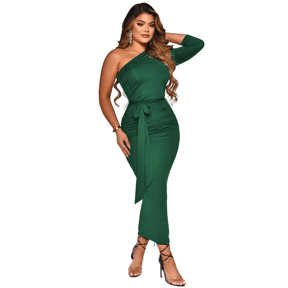 Women Clothing Sexy Tight Irregular Asymmetric Shoulder Half Sleeve Dress