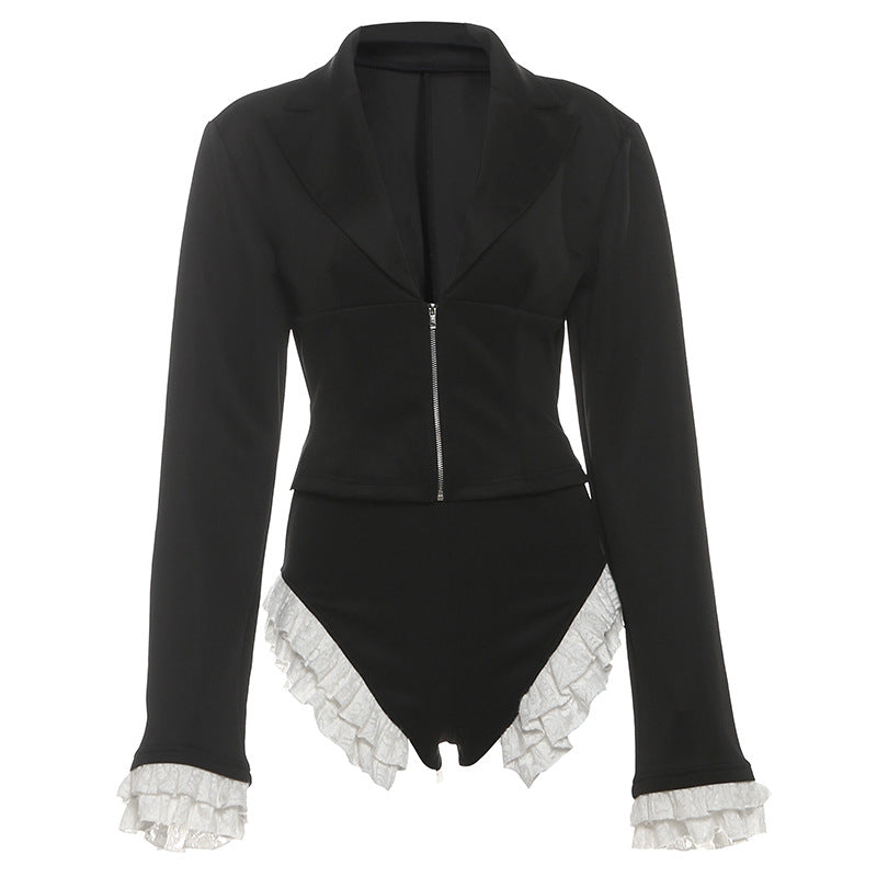 Autumn Winter Women Elegant Sexy Deep V Plunge neck Zipper Slim Fit Coat High Waist Shorts Two Piece Sets