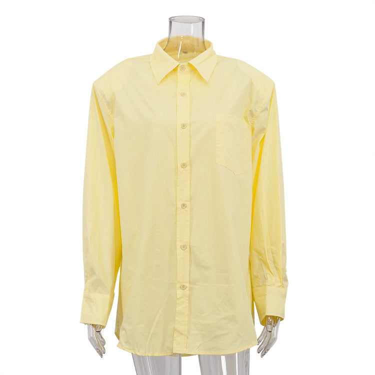 Simple Women Cotton Shirt Autumn Polo Collar Long Sleeve Cardigan Casual All Matching