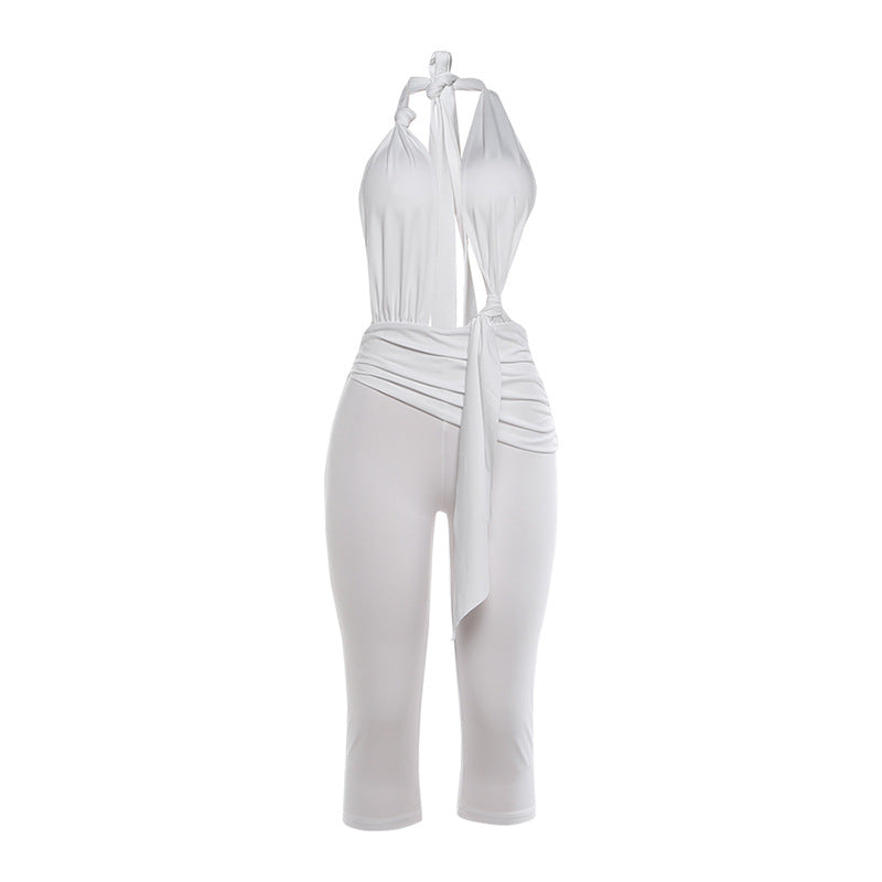 Spring Women Sexy Backless Halter Lace up Solid Color Slim Fit Bodysuit