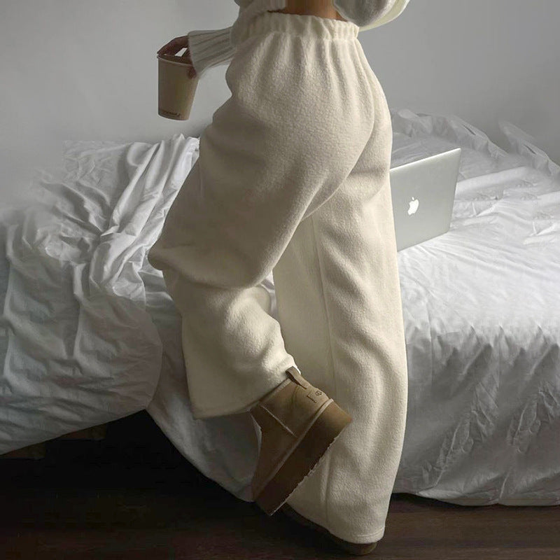 Autumn Winter Comfortable Warm Polar Fleece Elastic Waist Drawstring Design Solid Color All Matching Casual Trousers