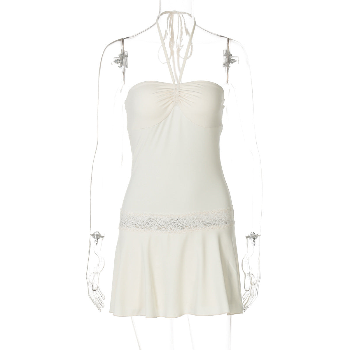Women Clothing Summer off Neck Tube Top Halter Strap Backless Lace Stitching Dress