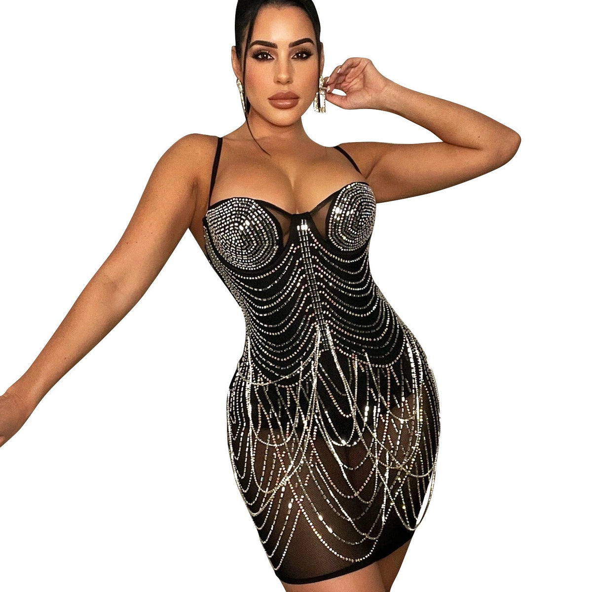 Summer Women Clothing Nightclub Sexy Mesh Drilling Tassel Cami Dress