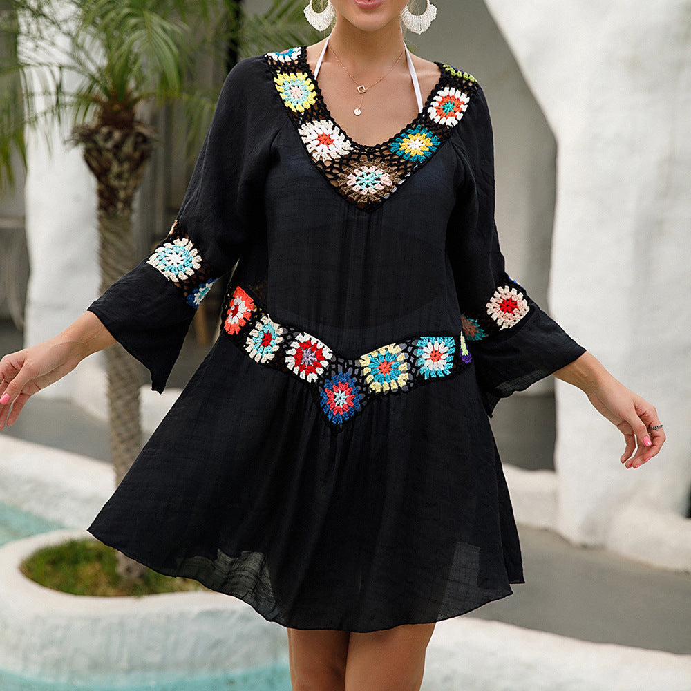 Origin Supply Stitching Hand Hook Floral Dress Sun Proof Vacation Middle Sleeve See through V neck Dress