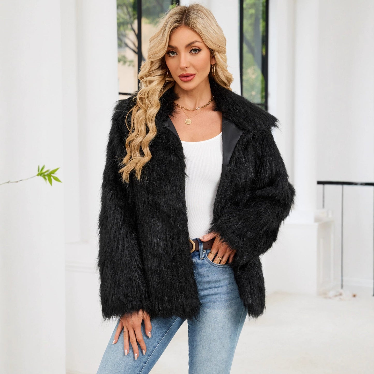 Women Clothing Autumn Winter Warm Faux Fur Coat Plush Jacket