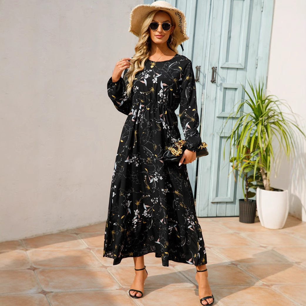 Spring and Autumn floral chiffon dress waist thin long sleeve round neck long printed skirt children