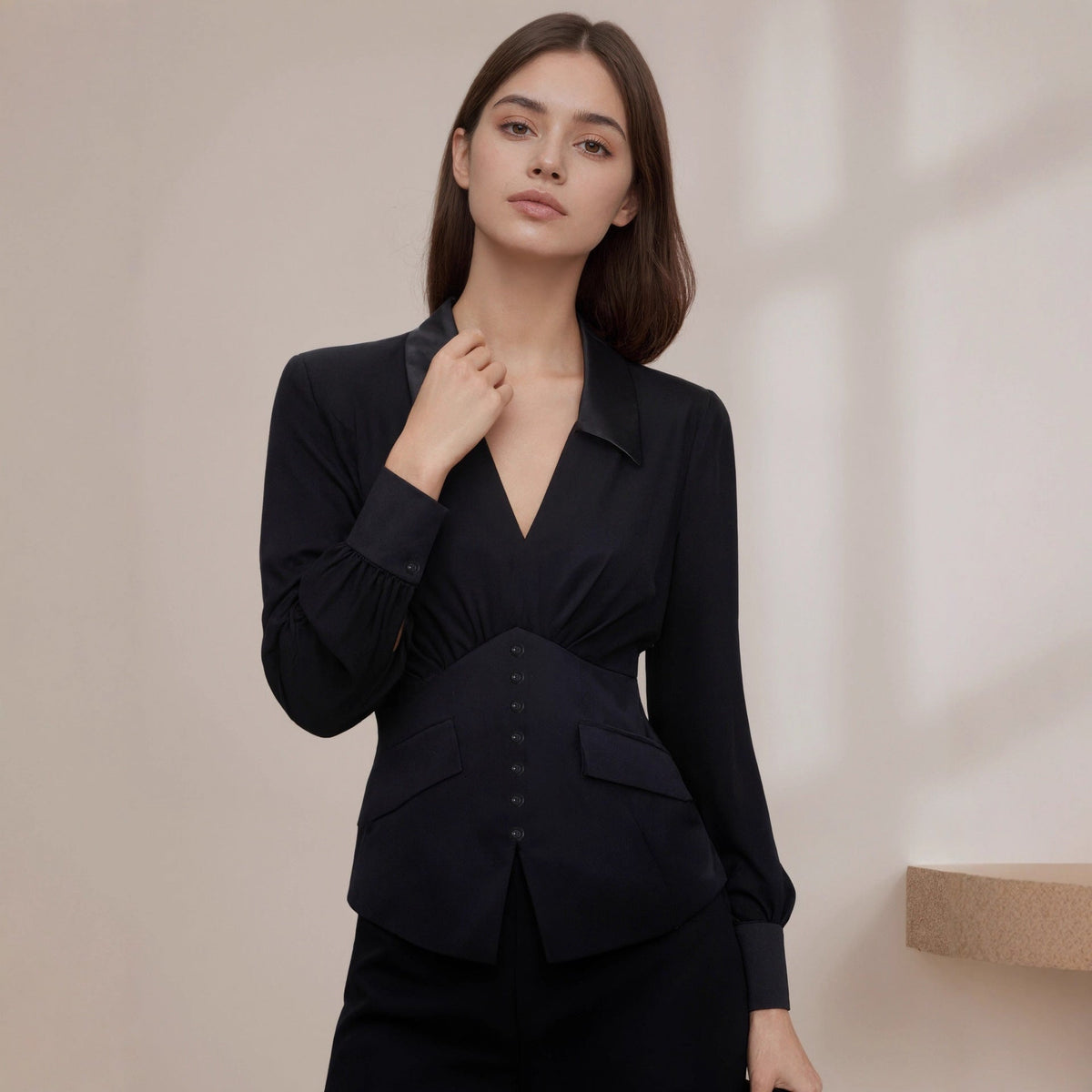Small Pleated V neck Long Sleeve Shirt Women French Small Puff Sleeve Autumn Top