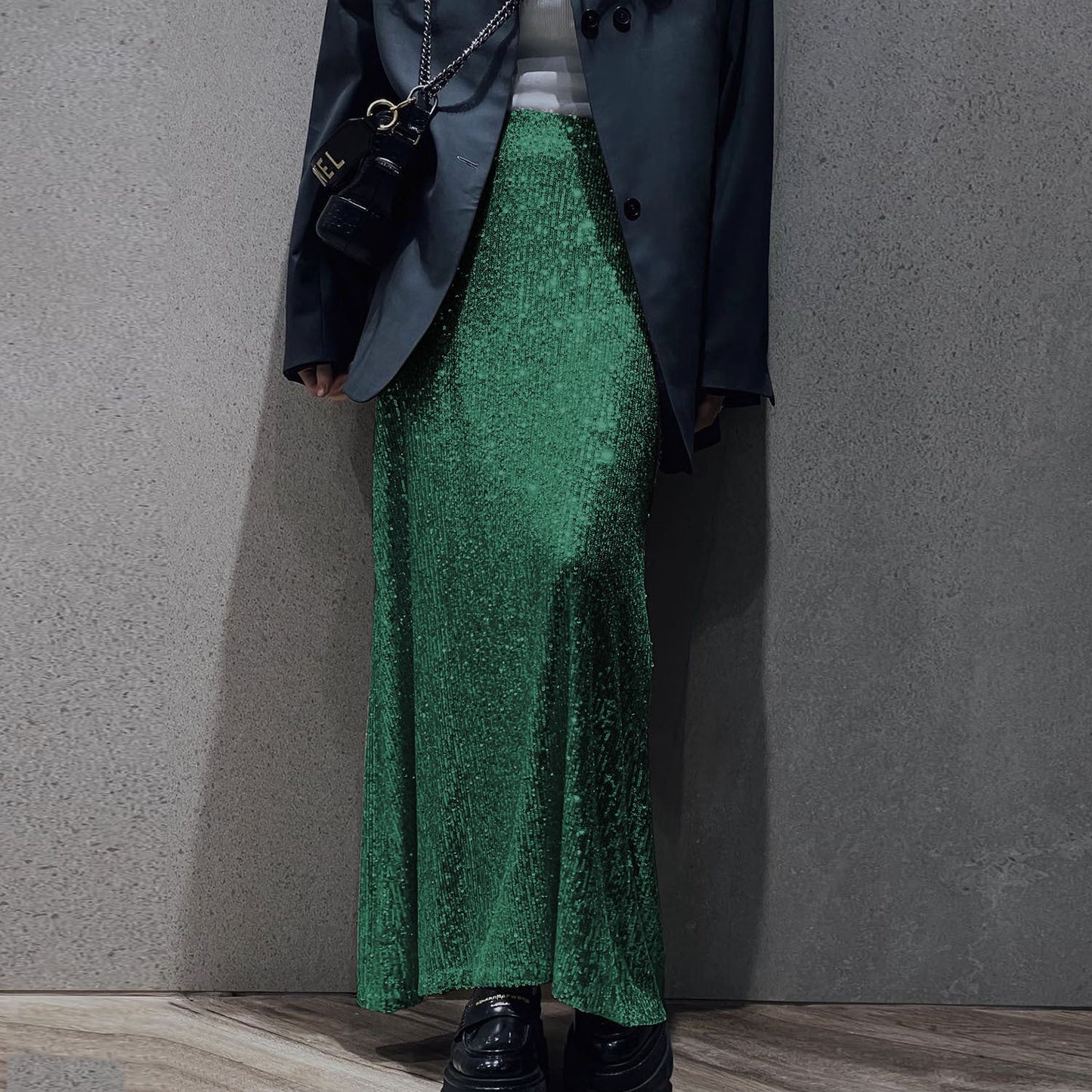 High Waist Slimming Sequined Skirt Women Elastic Waist Back Slit Elastic Straight Long Skirt