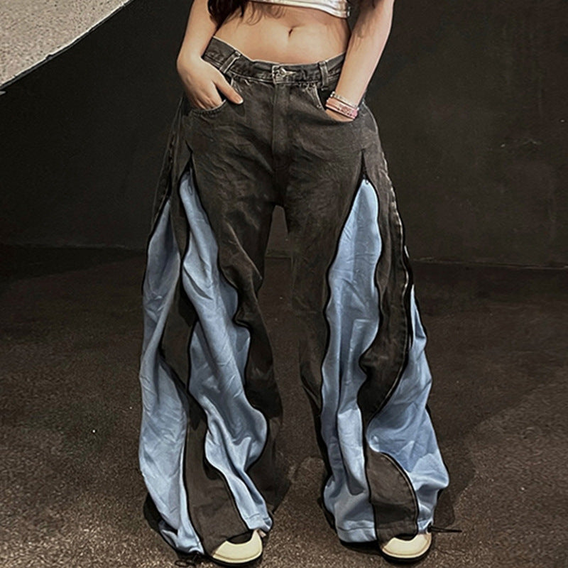 Sexy Street Heavy Industry Stitching Contrast Color Personal Casual Trousers Street Dance Loose Wide Leg Overalls