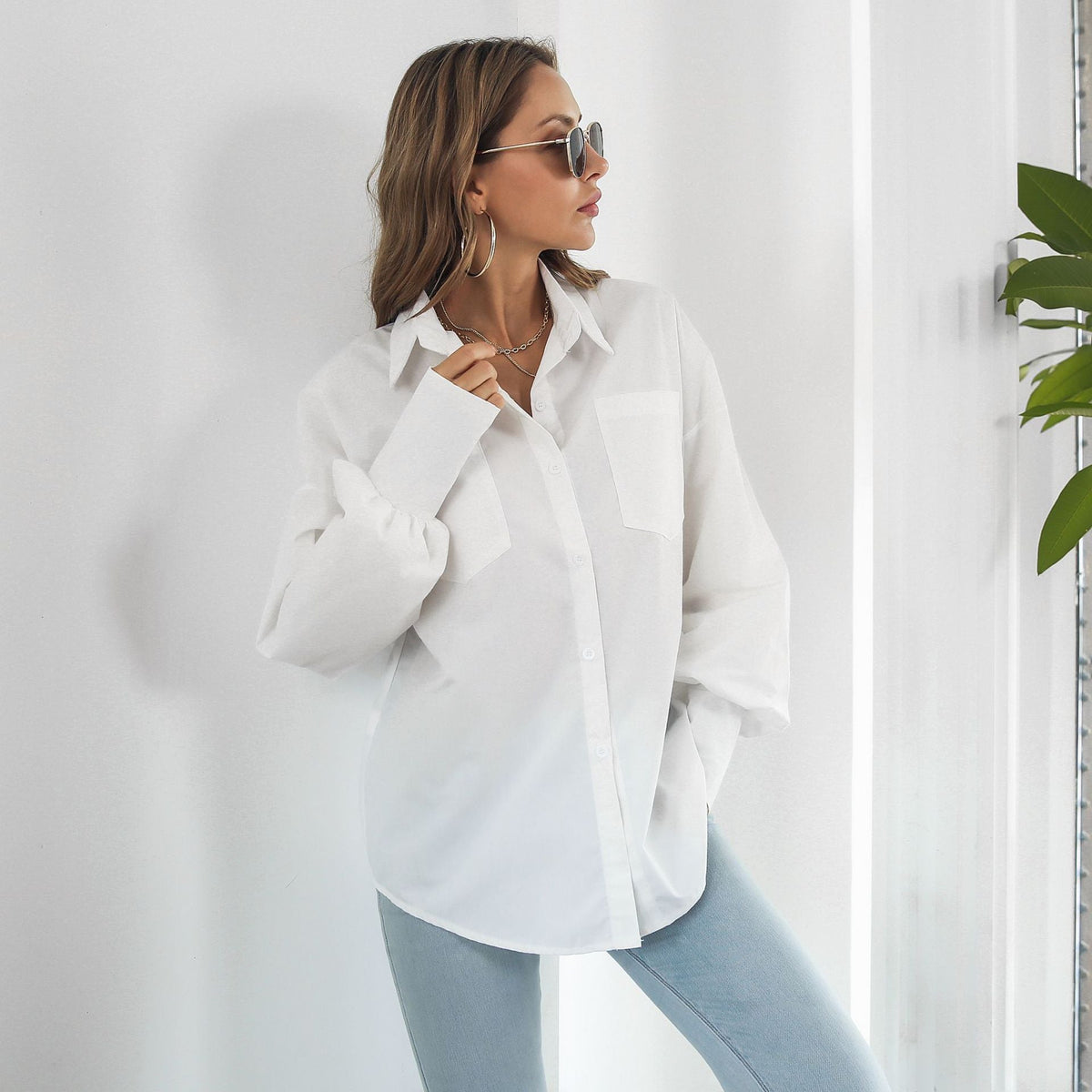 Women Cotton Lantern Sleeve Long Sleeve Mid Length Shirt Loose Shirt Top Spring Autumn Women Clothing