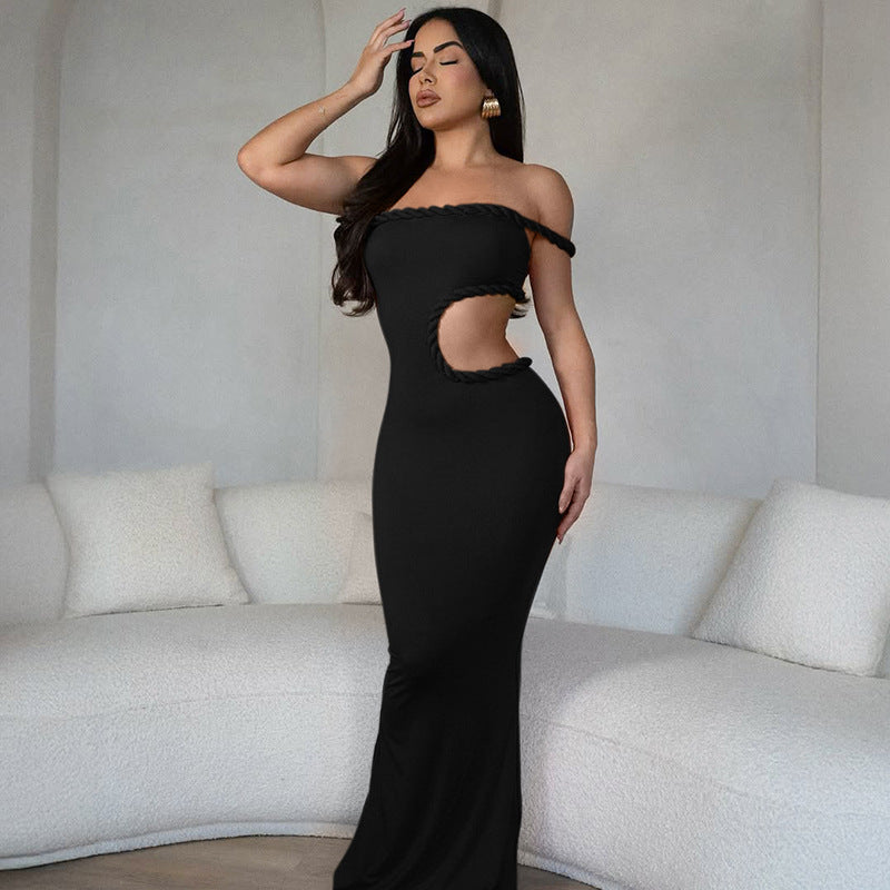 Summer Women Clothing Sexy off Neck Hollow Out Cutout out Cropped Slim Hip Dress