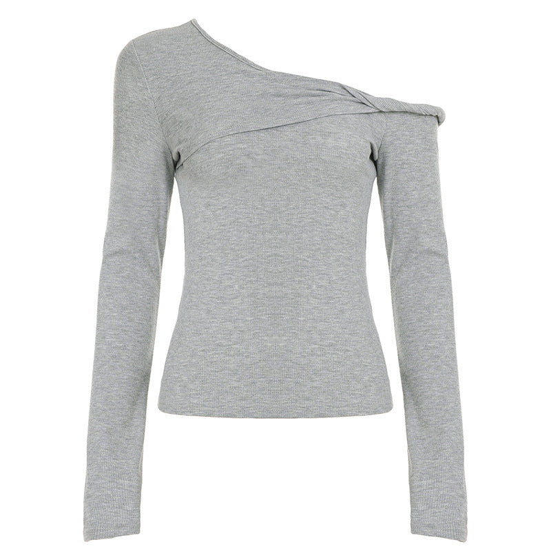 Casual Street Sports Kinky Diagonal Collar Long Sleeved Doublet Solid Color All Matching Elegant Bottoming Shirt T shirt