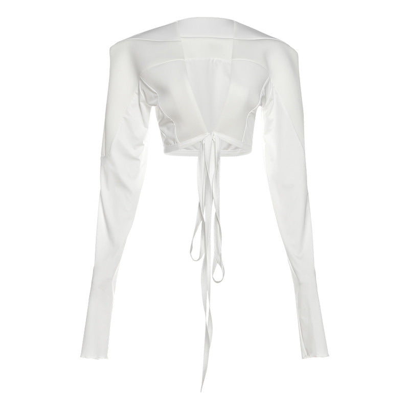 Women Clothing Personality Street Wide Shoulder Long Sleeve V neck Lace up Solid Color Short Coat