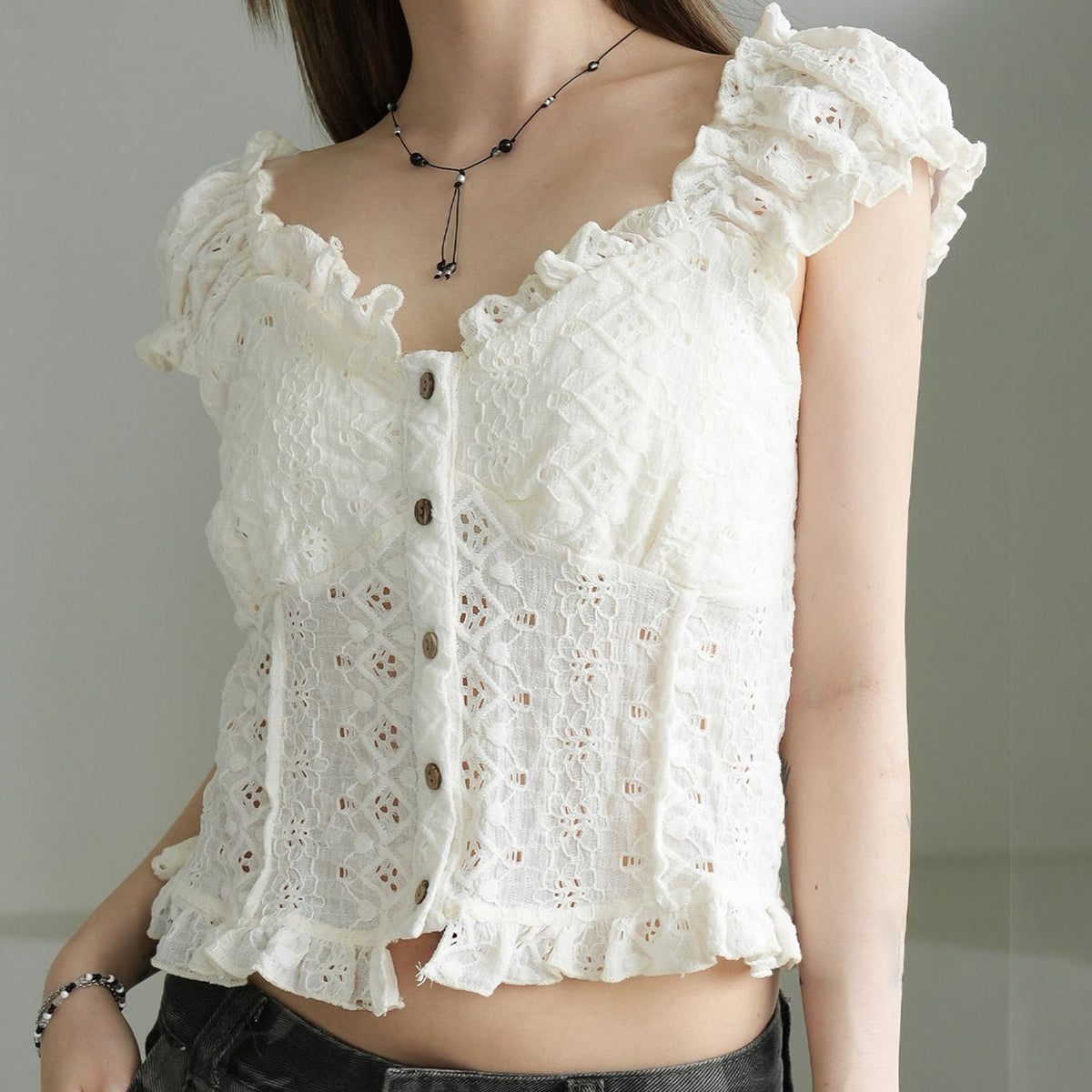 Summer French Texture Puff Sleeve T shirt Sweet Girl Jacquard Fabric Solid Color Slim Short Sleeved Tops