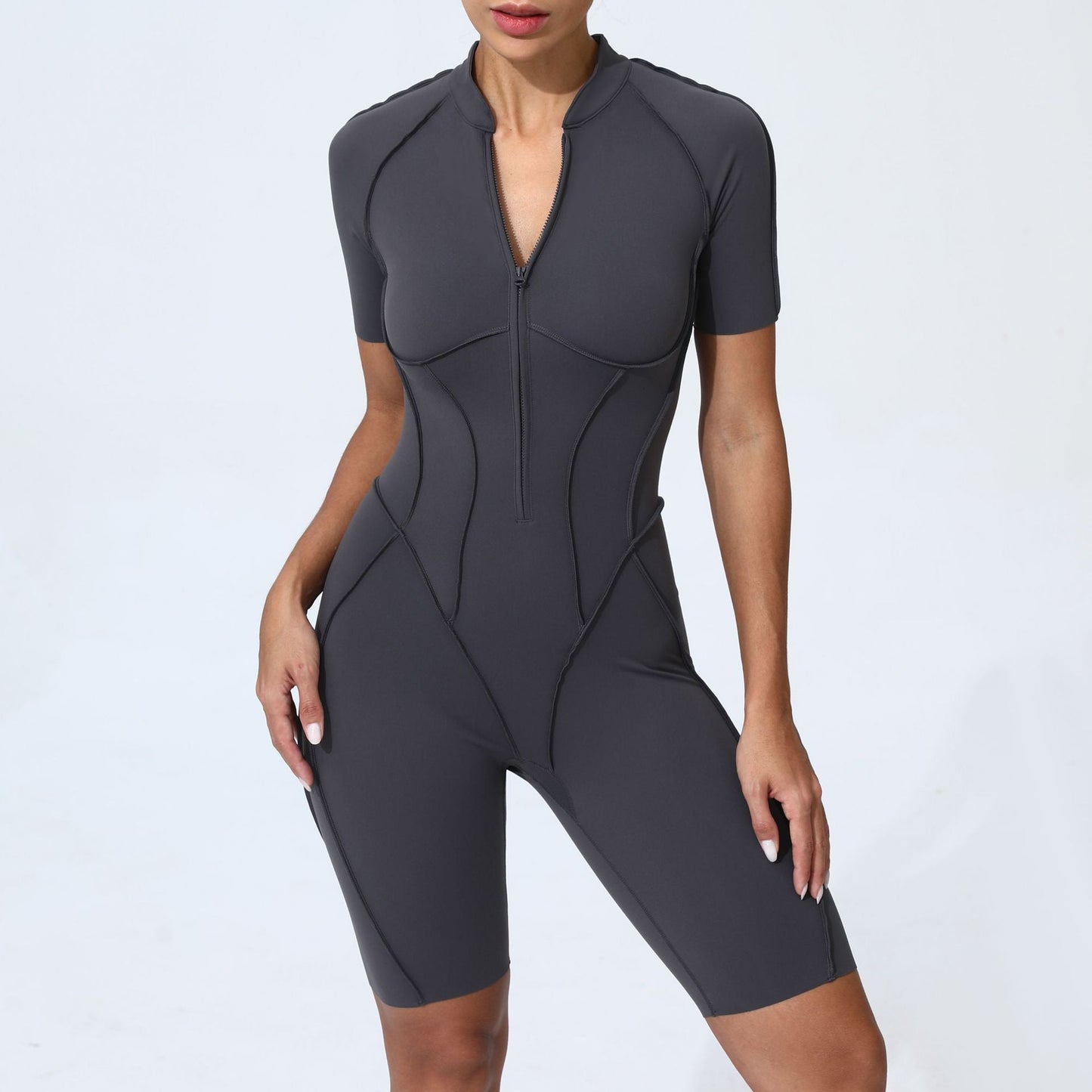 No Chest Pad Fitness Tight Sports One Piece Set Zipper Short Sleeve Yoga Jumpsuit