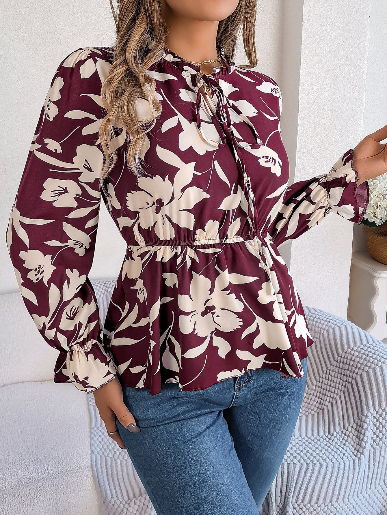 Real Shot Spring Summer Casual Floral Lace up Long Sleeve Chiffon Shirt Top Women Clothing