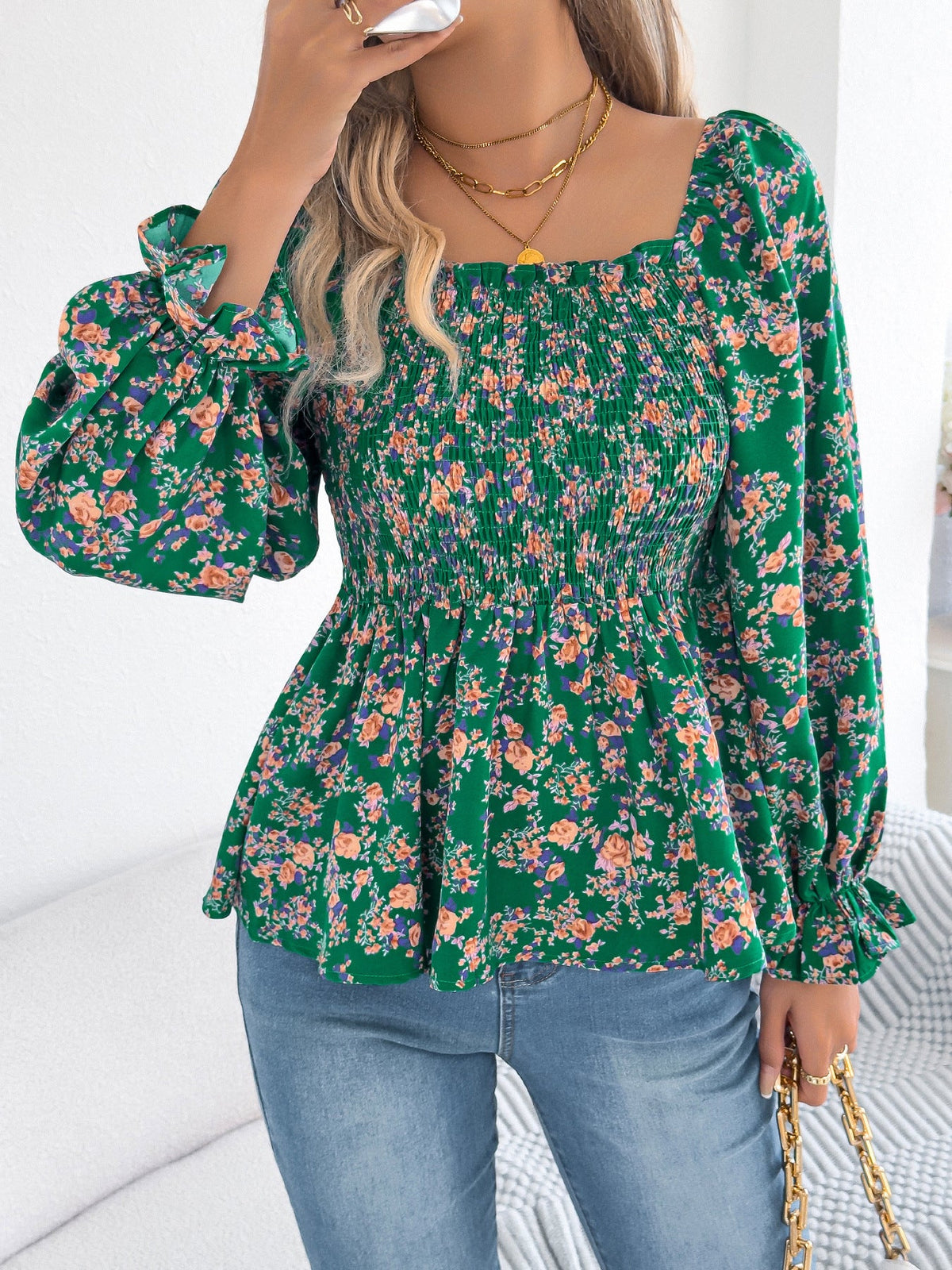 Spring Summer Casual Square Collar Bell Sleeve Floral Chiffon Shirt Holiday Top Women Clothing