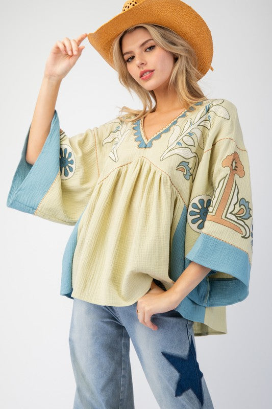 Spring Summer Women Clothing V neck Stitching Flare Sleeve T shirt Contrast Color Loose Top for Women
