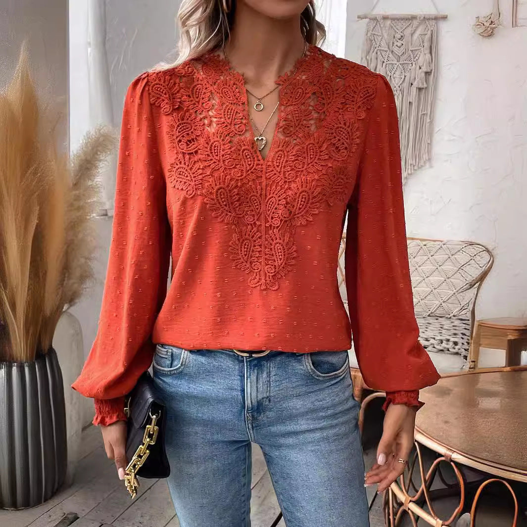 Autumn Winter V neck Lace Solid Color Long Sleeve Casual T Women Top