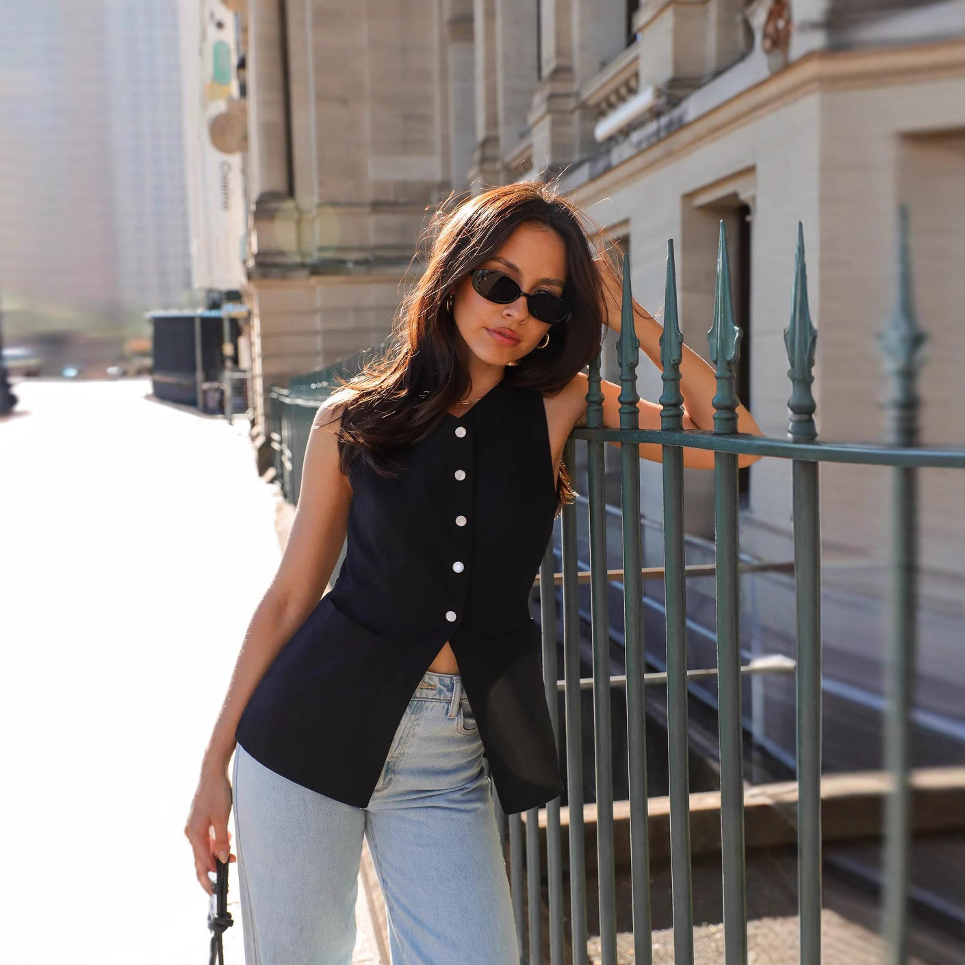 Women Clothing Solid Color V neck Sleeveless Vest Summer Top