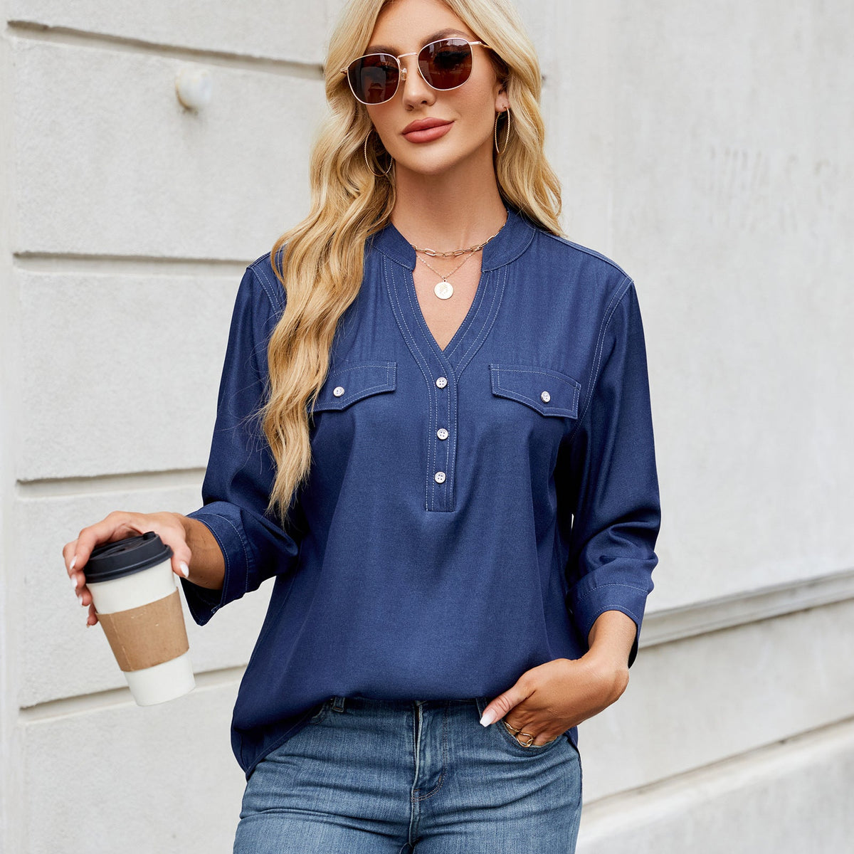 Women Clothing Spring Summer Casual Loose Imitation Denim Long Shirt