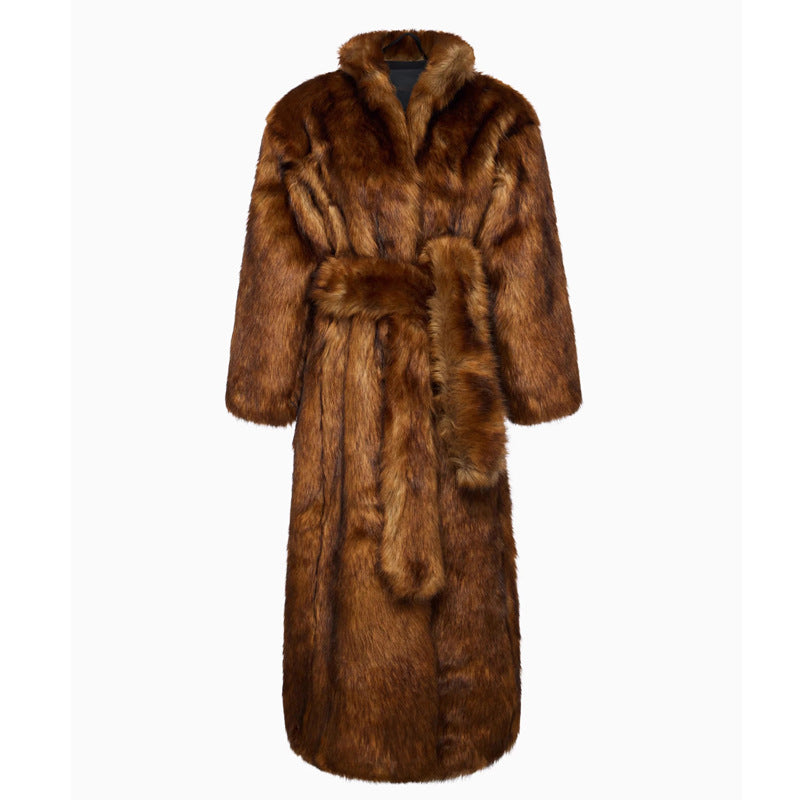 Women Winter Faux Fur Young Wolf Fur Coat Women Long below the Knee Warm Coat